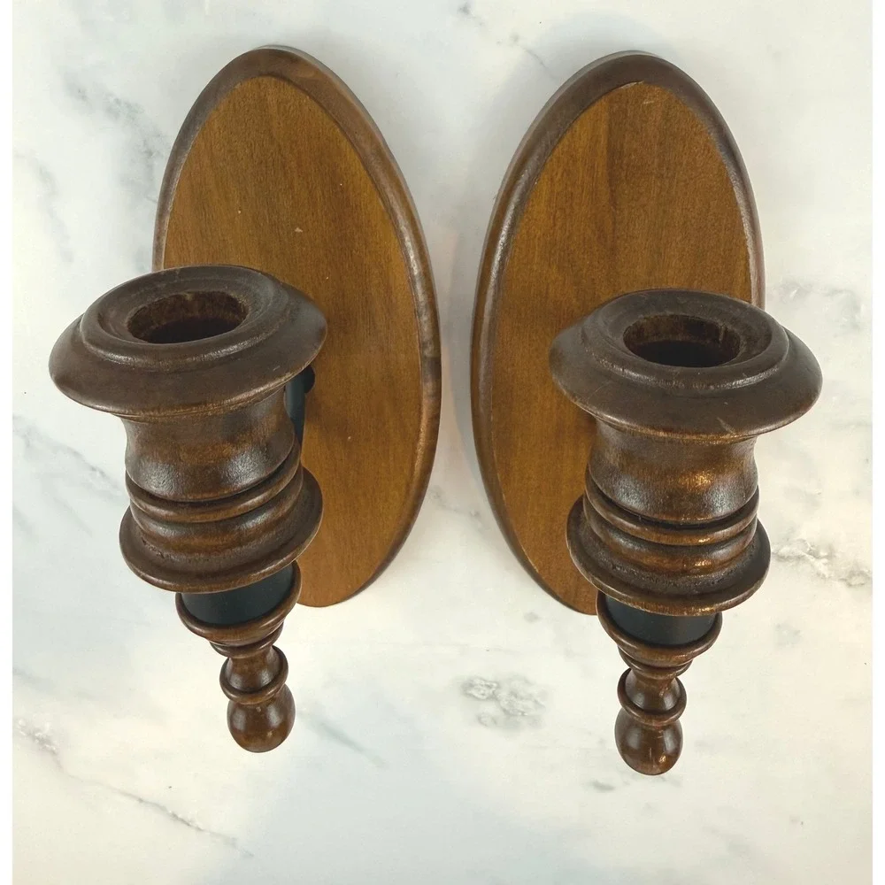 VTG PAIR (2) Wooden & Iron Candle Wall Sconces 8X3 Grandmacore